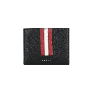 【BALLY】TVEYE銀色金屬LOGO紅白條紋粒面牛皮6卡對折短夾(黑)