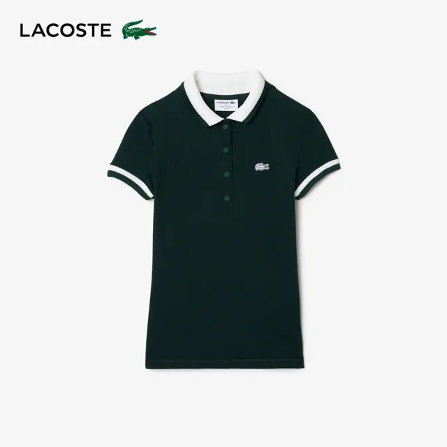 【LACOSTE】女裝-法國製造條紋網眼短袖Polo衫(深綠色)