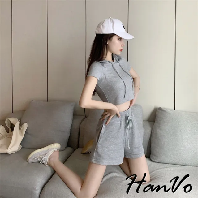 【HanVo】現貨 抽繩連帽短袖套裝兩件式套裝(連帽短版休閒運動套裝 韓系女裝 女生衣著 A08-5993)