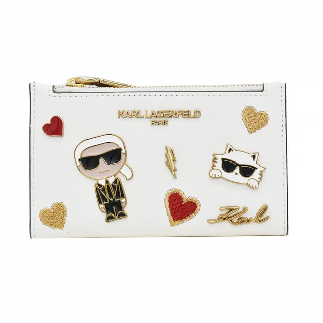 【KARL LAGERFELD 卡爾】卡爾老佛爺人像貓咪皮革金屬飾邊拉鍊零錢卡夾