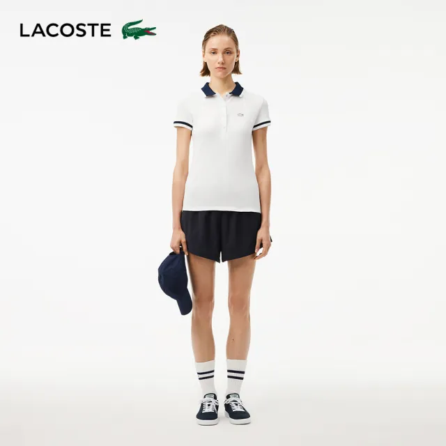 【LACOSTE】女裝-法國製造條紋網眼短袖Polo衫(白色)