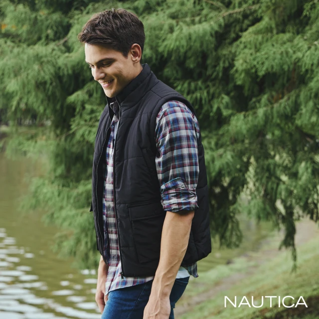 【NAUTICA】男裝 修身立領多口袋保暖背心(黑)