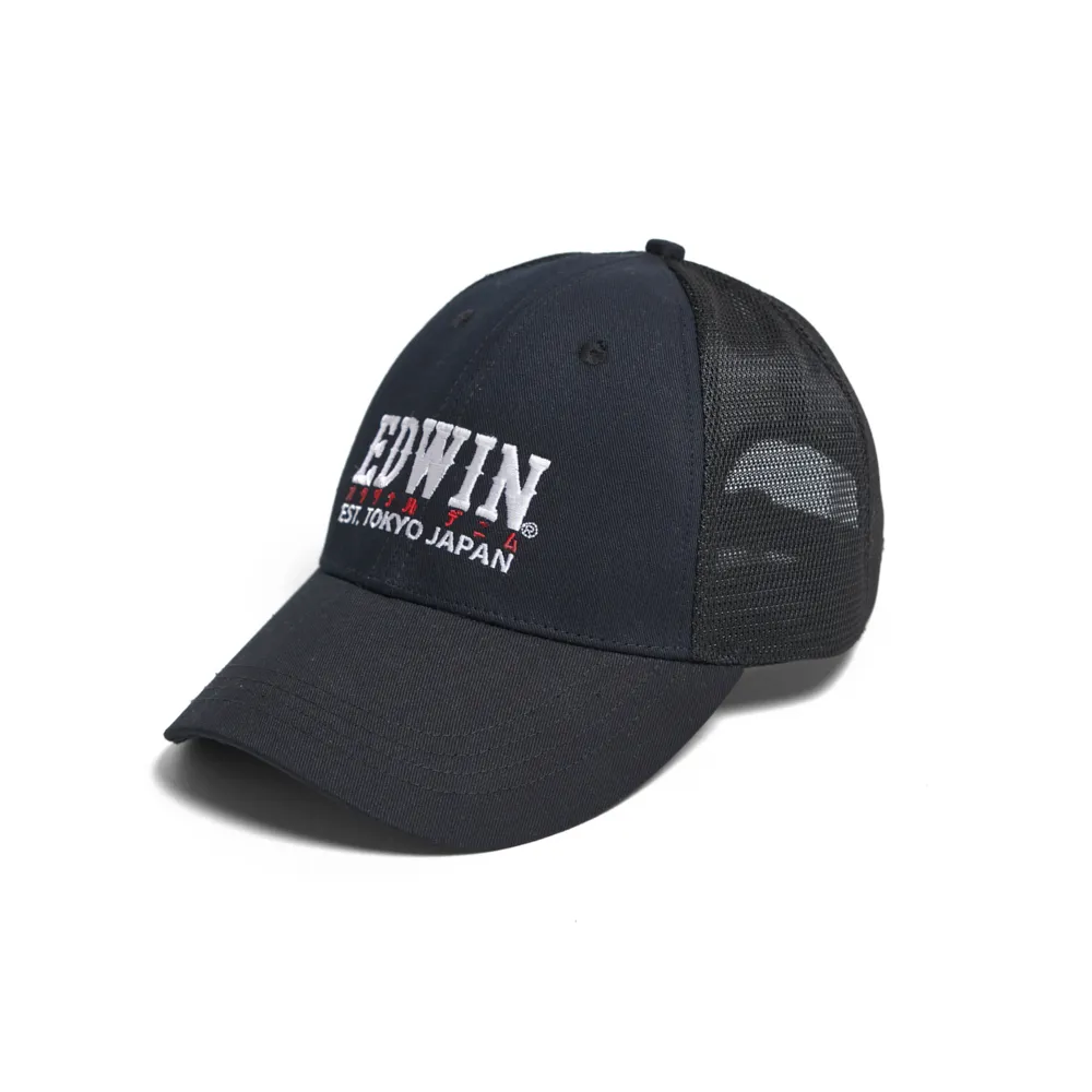 【EDWIN】男女裝 電繡印花棒球網帽(黑色)