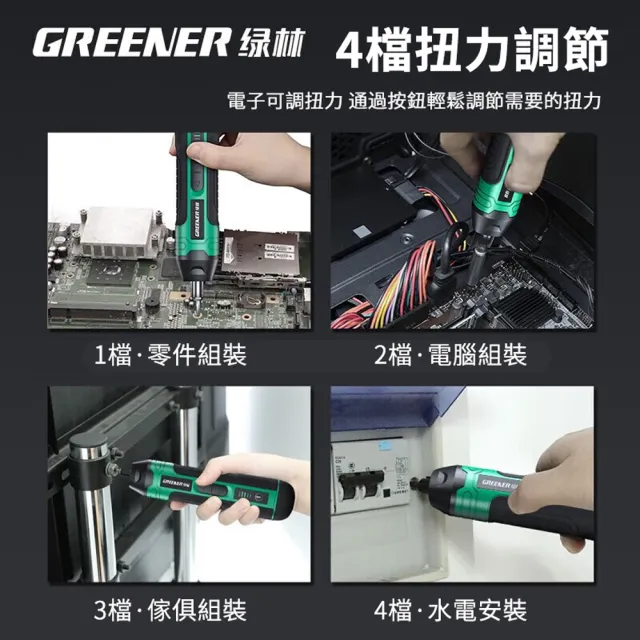 【GREENER】綠林 多功能家用電動螺絲起子組 LED照明電鑽螺絲刀工具 螺絲批套組