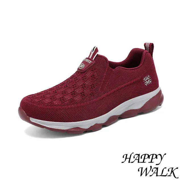 【HAPPY WALK】套腳健步鞋/立體棋盤格飛織套腳舒適休閒健步鞋(酒紅)