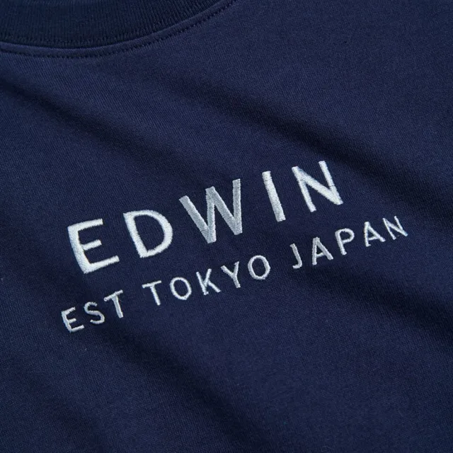 【EDWIN】女裝 簡約刺繡印花寬短版短袖T恤(丈青色)