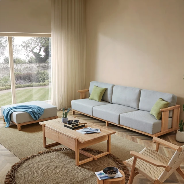 文創集 多優柚木色亞麻布L型實木沙發椅(四人座＋椅凳組合)優