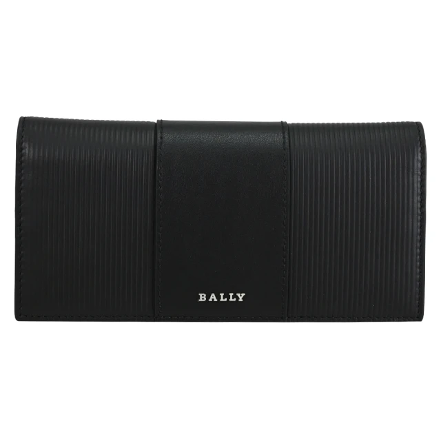 BALLY LIGOS 簡約金屬LOGO條紋小牛皮多卡對折零錢長夾(黑)