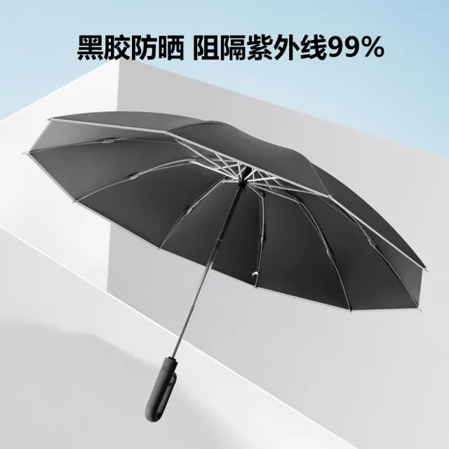 10骨黑膠全自動折疊反向勾勾晴雨傘  安全反光帶 車用自動折疊傘