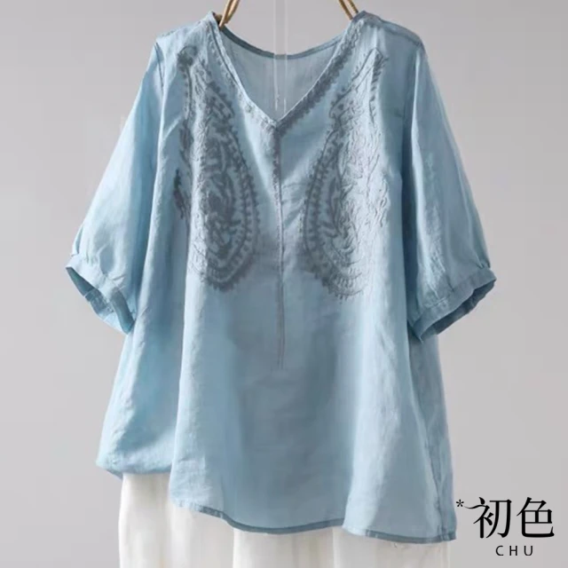 初色 棉麻風V領刺繡五分短袖上衣純色中大碼女上衣-共4色-34770(M-2XL可選)