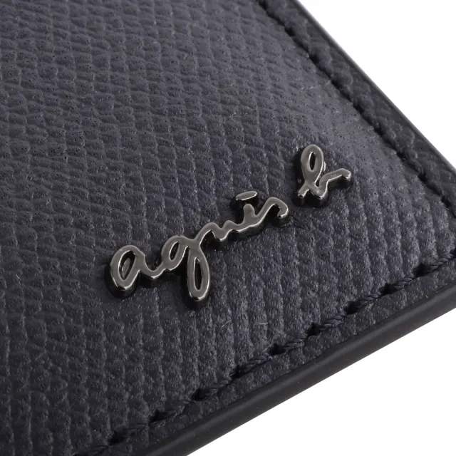 【agnes b.】金屬草寫logo 防刮皮革附掛帶證件夾(海軍藍)