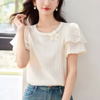 【MsMore】清新甜美杏色珍珠圓領雪紡衫泡泡袖短袖短版上衣#121921(杏)