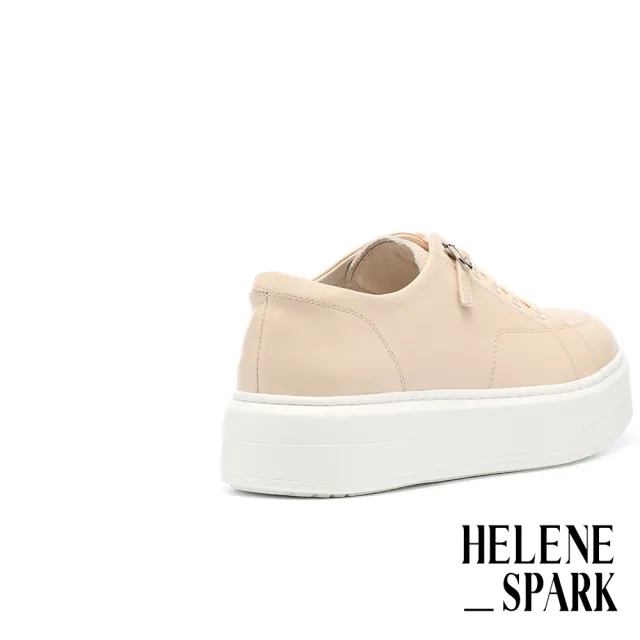 【HELENE_SPARK】舒適質感彈力鞋帶釦牛皮厚底休閒鞋(粉)