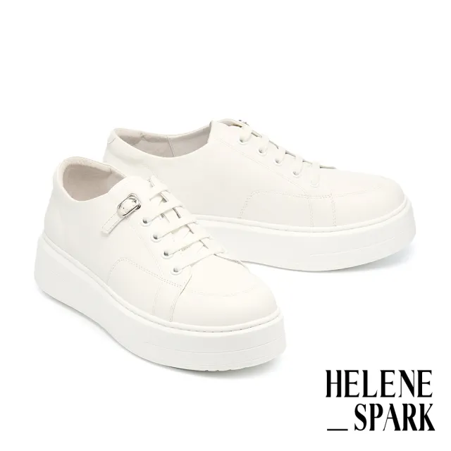 【HELENE_SPARK】舒適質感彈力鞋帶釦牛皮厚底休閒鞋(白)