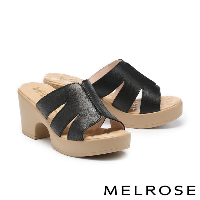 MELROSEMELROSE 美樂斯 安定感 質感簡約寬版羊皮高跟拖鞋(黑)