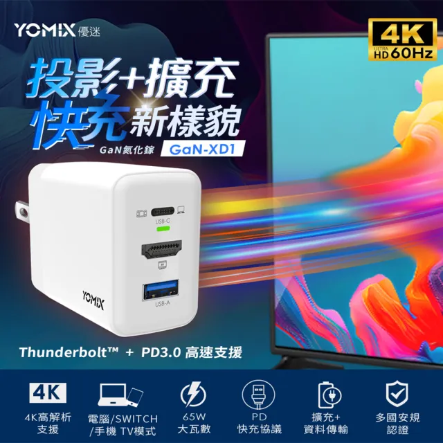 影音快充線組【YOMIX 優迷】4K影像轉接65W三孔快充充電器(HDMI視訊投影USB/SWITCH Dock/PD3.0/GaN-XD1)