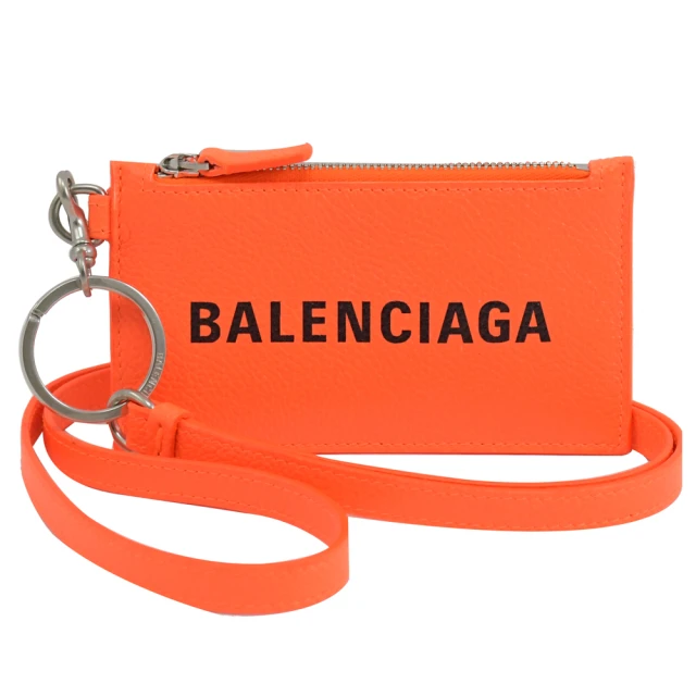 【Balenciaga 巴黎世家】經典品牌LOGO烙印可拆掛式信用卡零錢包(螢光橘)