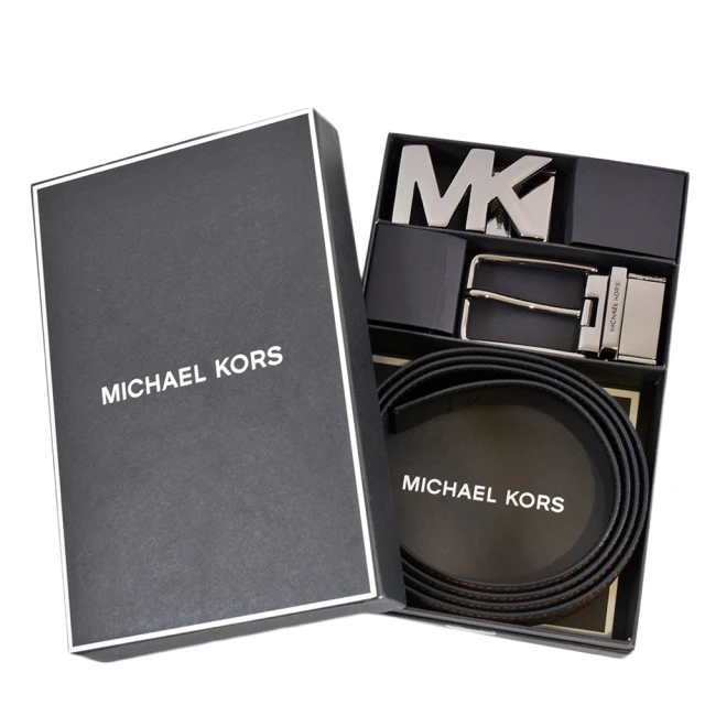 Michael Kors 男款 緹花LOGO小MK雙釦頭雙面用寬版皮帶禮盒組-咖啡色