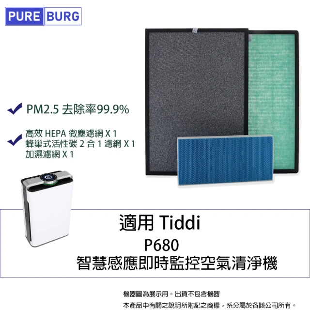 PUREBURG 適用TiDdi P680智慧感應即時監控空氣清淨機高效HEPA+冷觸媒活性碳+加濕濾網濾芯1組共3片