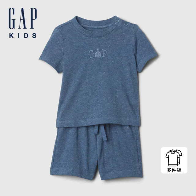 【GAP】嬰兒裝 Logo純棉小熊刺繡圓領短袖短褲家居套裝-深靛藍色(409203)