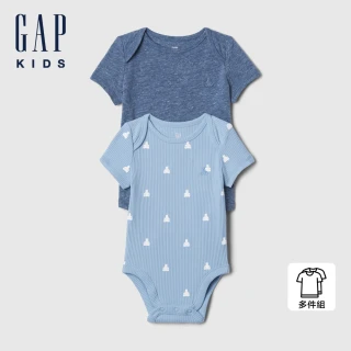 【GAP】嬰兒裝 純棉小熊刺繡/印花圓領短袖包屁衣兩件組-深靛藍色(409312)