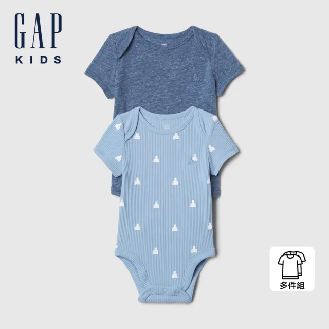 【GAP】嬰兒裝 純棉小熊刺繡/印花圓領短袖包屁衣兩件組-深靛藍色(409312)