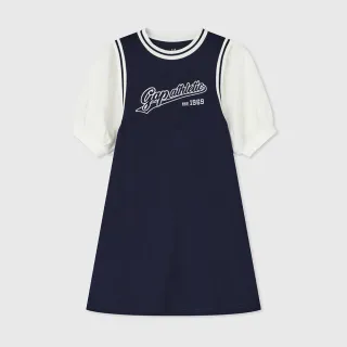 【GAP】女童裝 Logo印花圓領短袖洋裝-海軍藍(466623)