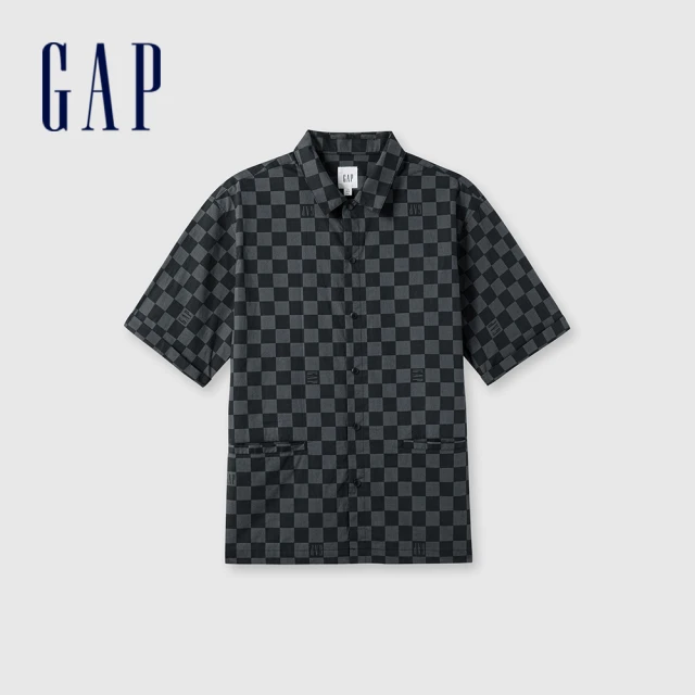 GAP 男裝 Logo翻領短袖襯衫-藍灰色(464287) 