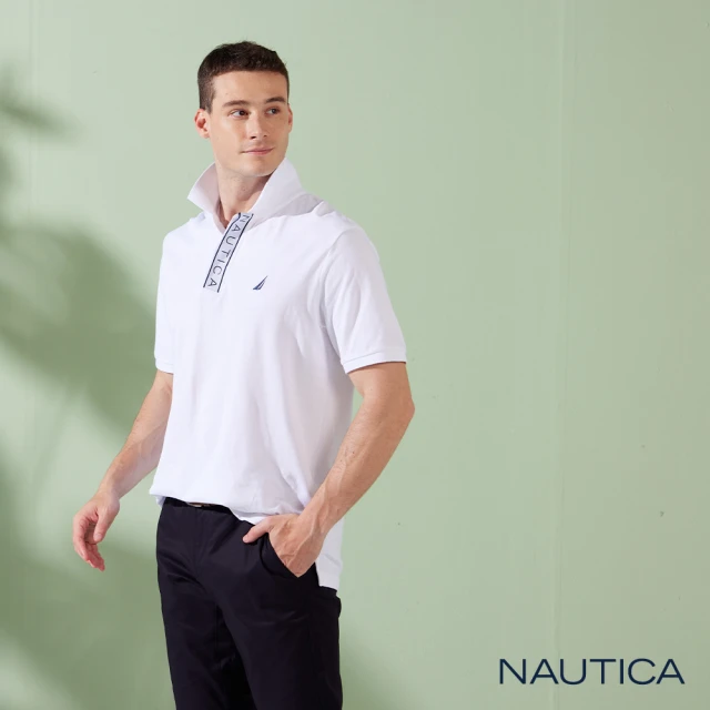 NAUTICA 男裝 撞色拼接條紋拉鍊短袖POLO衫(黑色)