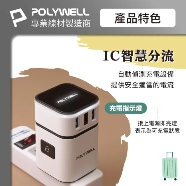 【POLYWELL】旅行充電器加多國轉接頭 Type-C+雙USB-A