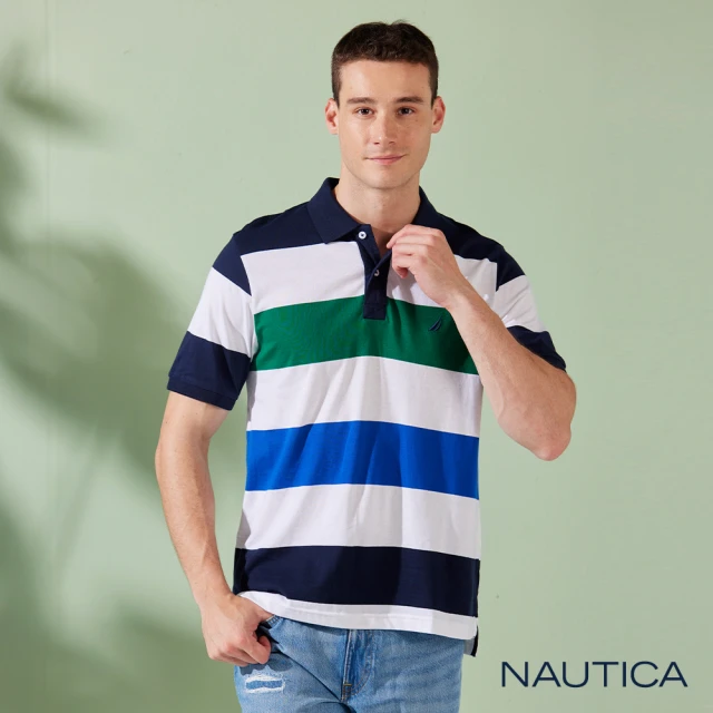 NAUTICA 男裝 撞色拼接條紋拉鍊短袖POLO衫(黑色)