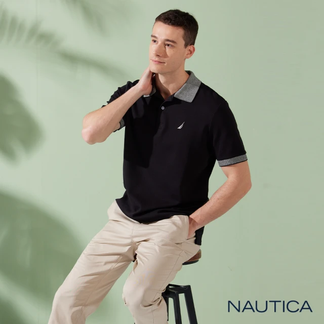 NAUTICA 男裝 撞色拼接條紋拉鍊短袖POLO衫(黑色)