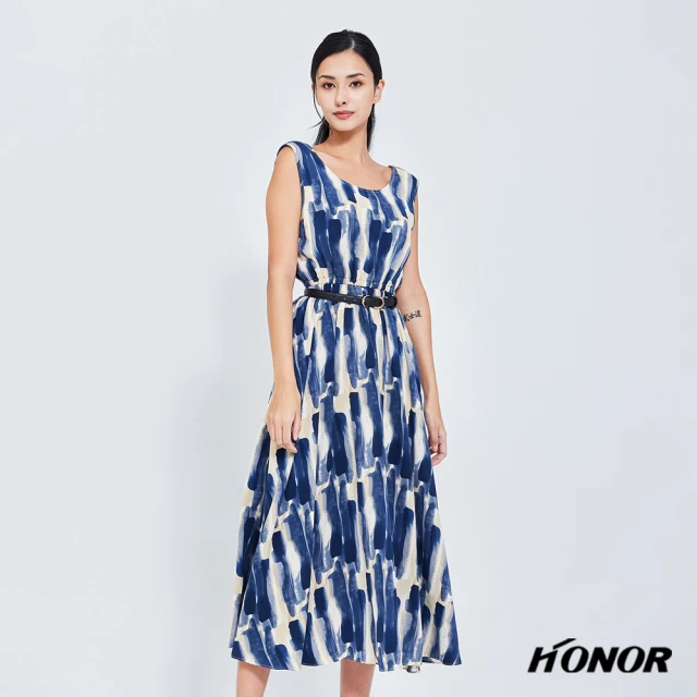 HONOR 山形屋 寬筆油畫條紋收腰無袖洋裝