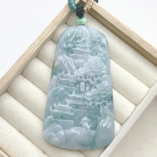 Y72)ヒスイ翡翠糯種水色暗緑A貨『悟道』精彫 彫牌 翡翠吊墜 琪臻珠寶】天然A貨翡翠細糯種山水牌吊墜(富貴山水_海納百川_77樂購季_