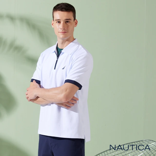 NAUTICA 男裝 素面純棉拉鍊領短袖POLO衫(白色)