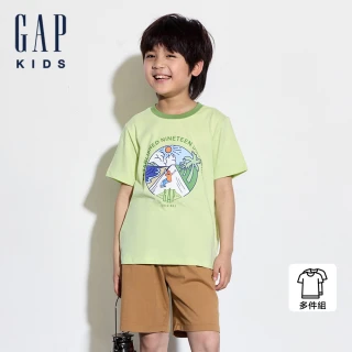 【GAP】兒童裝 Logo純棉印花圓領短袖短褲家居套裝-綠棕組合(466026)