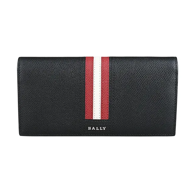 【BALLY】TALIRO銀色金屬LOGO紅白條紋粒面牛皮10卡對折長夾(黑)