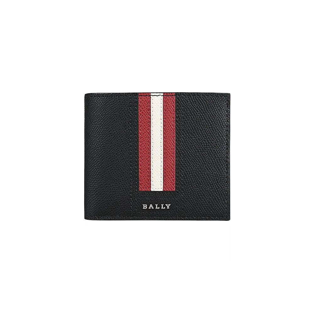 【BALLY】TVEYE 銀字金屬LOGO紅白條紋粒面牛皮10卡對折短夾(黑)