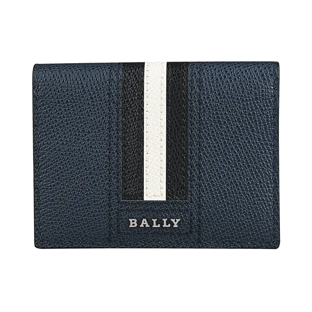 【BALLY】TALDER銀字金屬LOGO黑白條紋粒面牛皮6卡對折卡片夾(深藍)