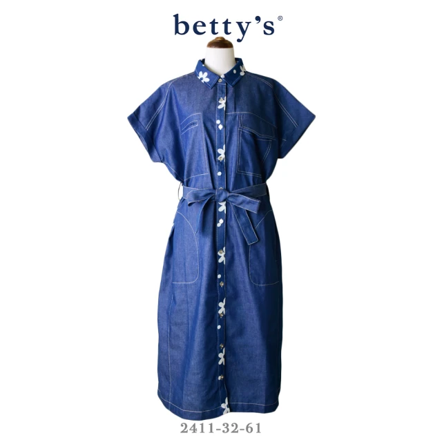 betty’s 貝蒂思 花朵印花拼接無肩線牛仔襯衫洋裝(藍色)