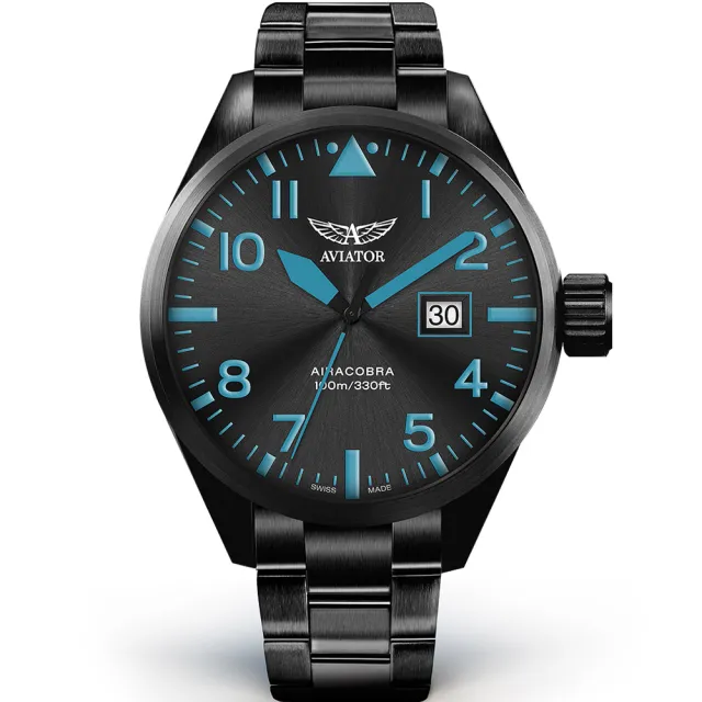 【AVIATOR】飛行員 AIRACOBRA P42 飛行風格 腕錶 男錶 手錶(全黑-V12251885)