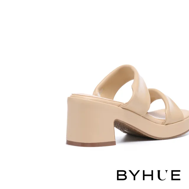 【BYHUE】韓系質感反摺雙寬帶軟羊皮軟芯方頭高跟拖鞋(杏)