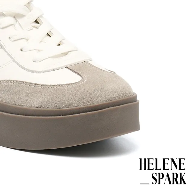 【HELENE_SPARK】率性時尚撞色異材質綁帶厚底休閒鞋(白)