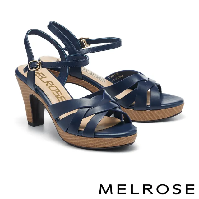 【MELROSE】美樂斯 安定感 簡約日常交叉帶牛皮美型高跟涼鞋(藍)