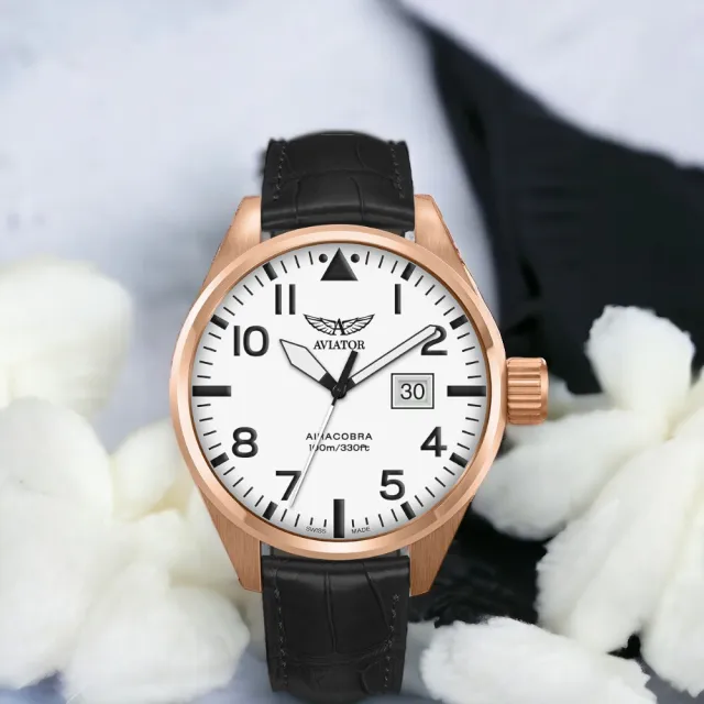 【AVIATOR】飛行員 AIRACOBRA P42 飛行風格 腕錶 男錶 手錶 玫瑰金色(V12221524)