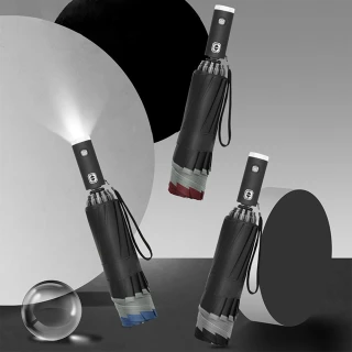 【Rainbow Valley】LED手電筒十骨黑膠反向三折全自動反光條安全雨傘(黑膠傘 反向自動傘)