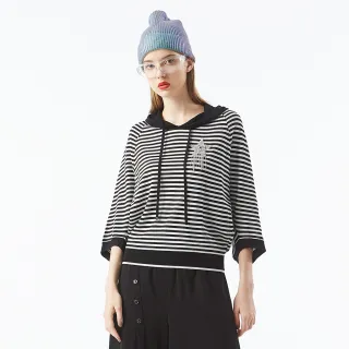 【MYVEGA 麥雪爾】美麗諾羊毛橫條飛鼠袖連帽保暖上衣-黑