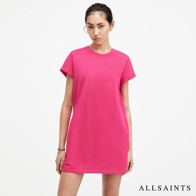 ALLSAINTS ANNA 休閒厚實純棉公羊頭骨T恤式長版連身裙洋裝-粉 WD344Y(常規版型)