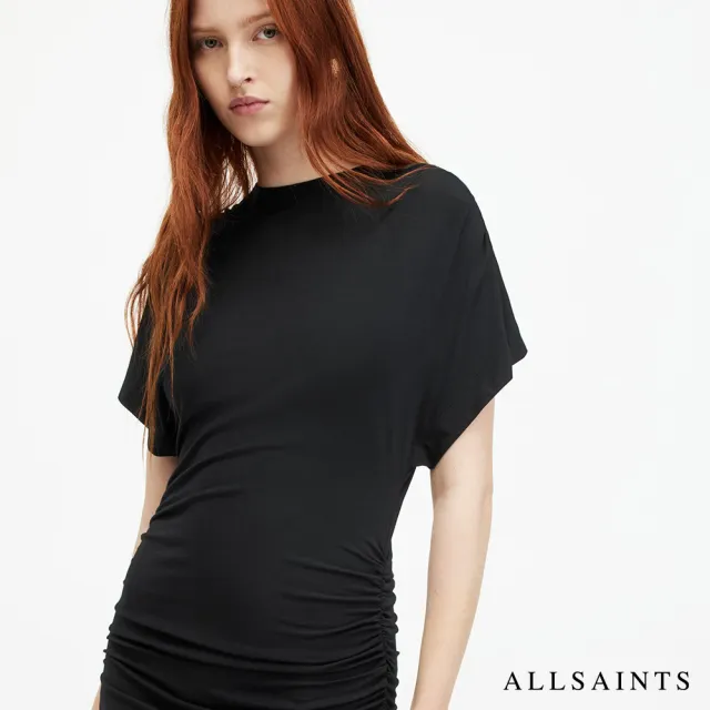 【ALLSAINTS】NATALIE 抽皺開岔修身中長版洋裝-黑 WD511Z(修身版型)