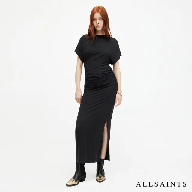 【ALLSAINTS】NATALIE 抽皺開岔修身中長版洋裝-黑 WD511Z(修身版型)